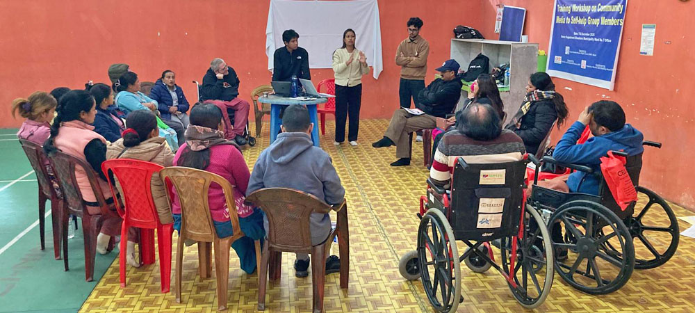 Photo shows trainers and participants in a community media workshop in Kathmandu, December 2025