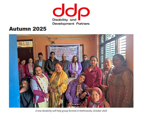 Newsletter cover image shows the red DDP logo and a photo of a newly-formed disabled people's self-help group in Nepal.